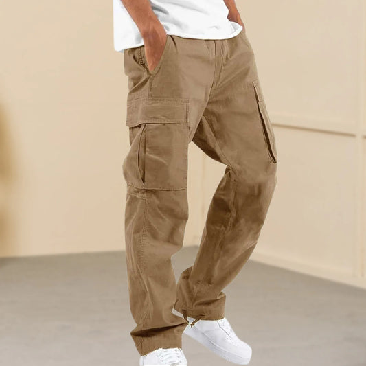 Straight Leg Pants: Solid color, baggy khaki trousers, streetwear.